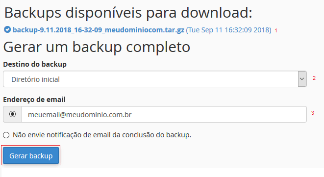 Complete e pressione Gerar Backup.