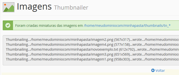 Criando miniaturas. Mensagem de êxito.