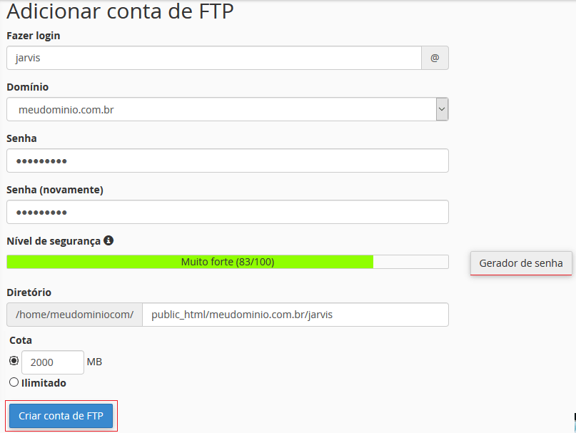 Adicionar nova conta de FTP.