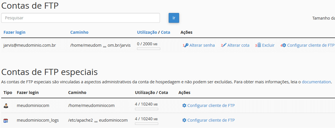 contas de FTP existentes.