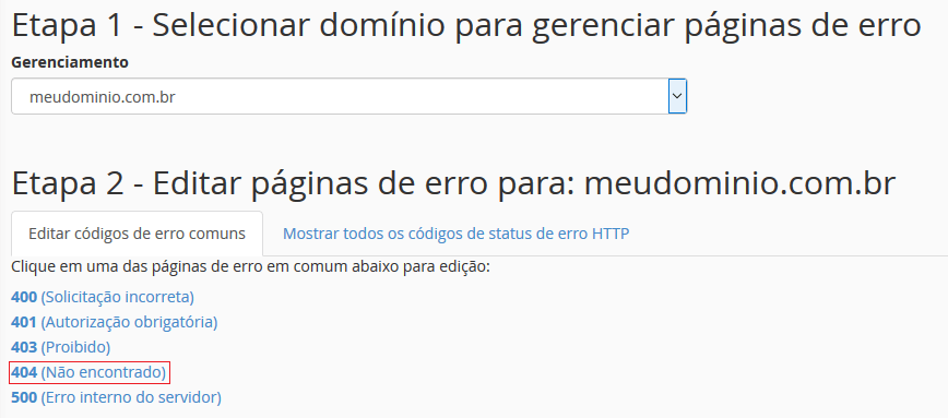 Selecionar domínio para gerenciar páginas de erro.