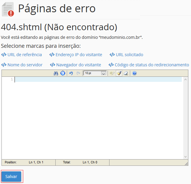 Editando a página de erro.