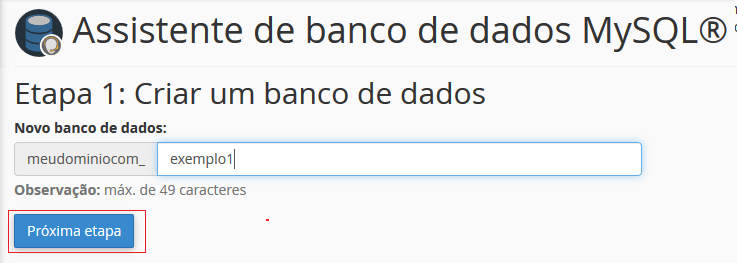 Dê nome ao novo banco de dados.