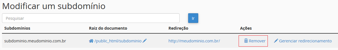 Pressione remover no subdomínoi desejado.