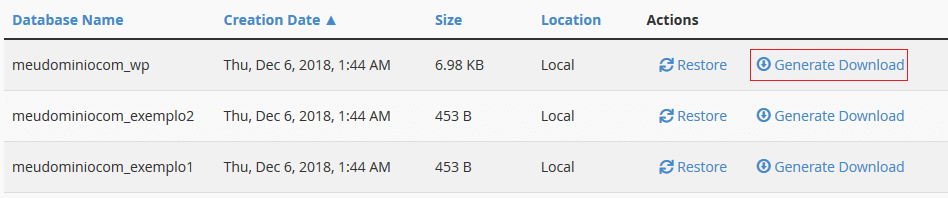 Selecione Generate Download da data necessária.