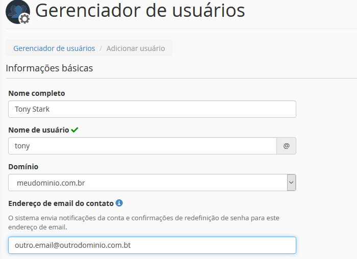 Adicionando usuário - Informações básicas.