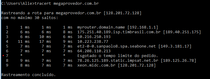 Exemplo de tracert com "falha".